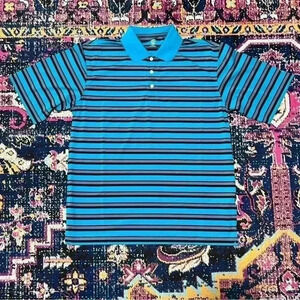 PGA Tour Polo Shirt Men Medium Blue Gray Strip‎ Casual Staple Golfer Golfing